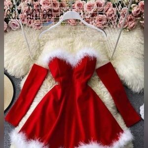 Red Strapless Dress with White Fur Trim